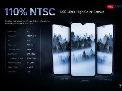 TCL华星6.53”110% NTSC手机屏突破了目前LCD手机显示屏常见的色域范围，目视品味相比常规LCD手机更艳丽。TCL华星NTSC 110%超高色域LCD显示技术能有效提升产品色域，实现更加纯净、鲜艳的色彩表现，为用户带来更真实的画质体验，这也标志着TCL华星在色域发展上前进了一大步，处于LCD行业领先地位。